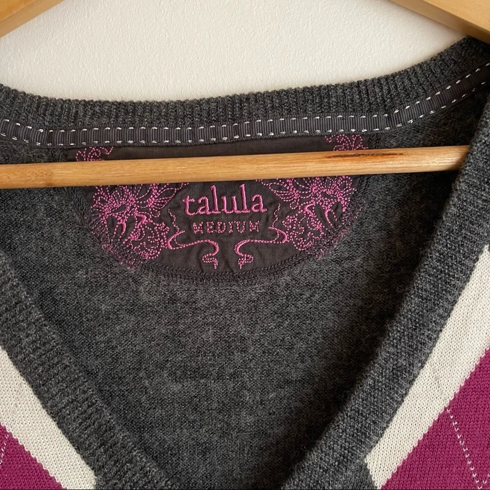 Talula Argyle Long Line Sweater Vest Grey, Cream, Purple Size Medium - Picture 5 of 6